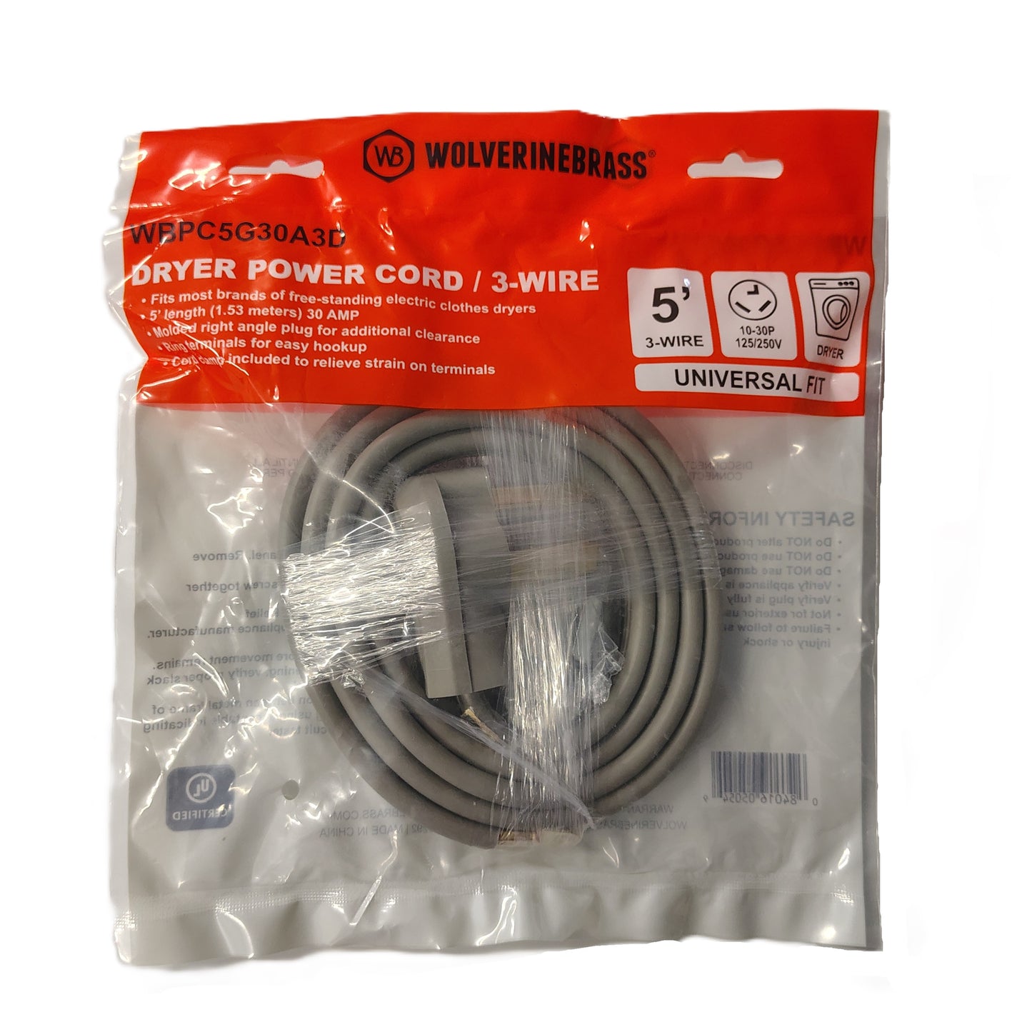 Wolverine Brass 3 Prong Dryer Power Cord WBPC5G30A3D
